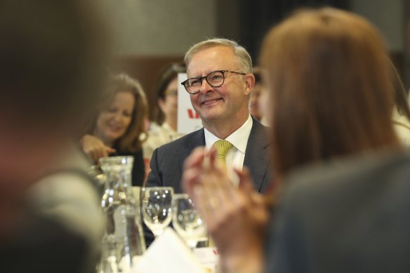 Opposition Leader Anthony Albanese listening to advocates for survivors of sexual assault and abuse, Grace Tame and Brittany Higgins, during their address to the National Press Club of Australia in Canberra earlier this year. 