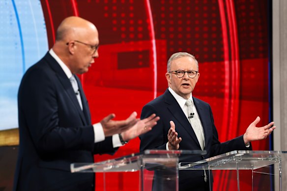 Dutton and Albanese during the third leaders’ debate at Nine’s studios in Sydney.