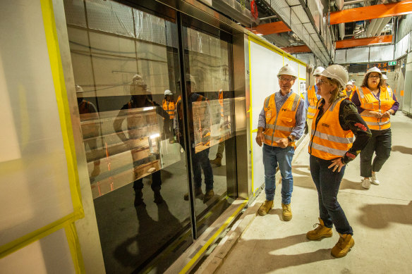 Acting Premier Jacinta Allan at the Parkville station yesterday. She says the screen doors are necessary for running the service as efficiently as possible