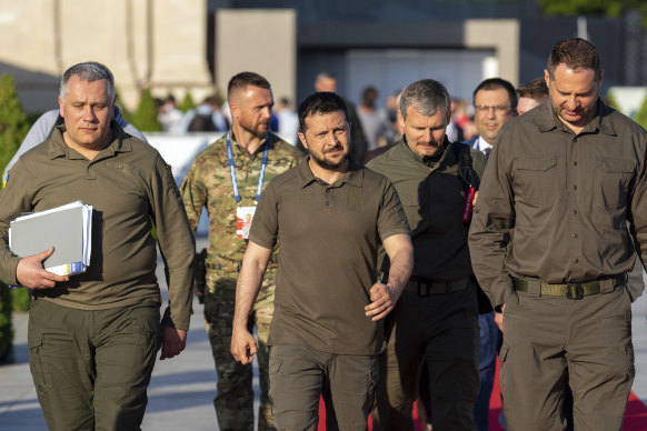 Ukraine’s President, Volodymyr Zelensky (centre), leaves after holding a press conference at the European Political Community Summit in Bulboaca, near Chisinau, Moldova, on June 1.