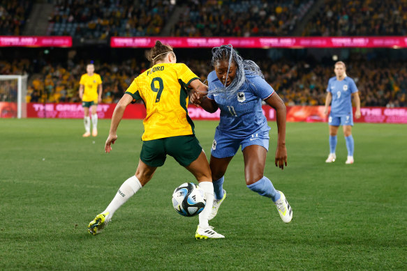 Kadidiatou Diani on the ball against Caitlin Foord in last month’s friendly with France.