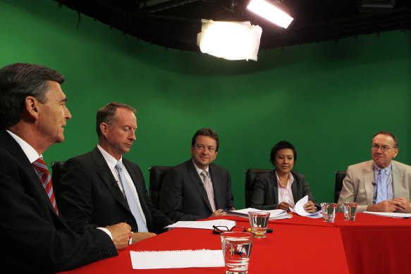 From right: State political journalists Tim Colebatch, Farrah Tomazin and Paul Austin, then-Age editor Paul Ramadge interviewing then-Premier John Brumby in 2010.