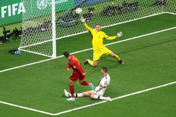 The moment ... Spain’s Alvaro Morata scores truly.