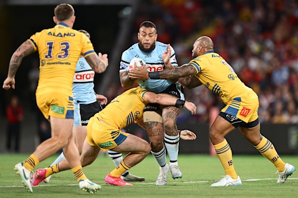 Addin Fonua-Blake on the charge for Cronulla.