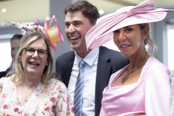 Herald and Weekly Times chair Penny Fowler (left), Lion CEO Sam Fischer and Heloise Pratt.