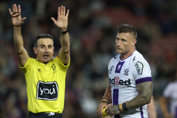 Referee Gerard Sutton sends Tariq Sims to the sin bin.