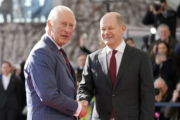 Green interests: German Chancellor Olaf Scholz welcomes King Charles III at the chancellery in Berlin on Thursday.