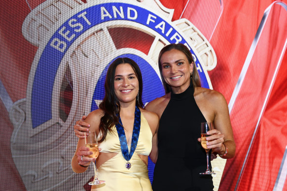 Ally Anderson (left) with Emily Bates after winning the AFLW best and fairest medal in 2022.