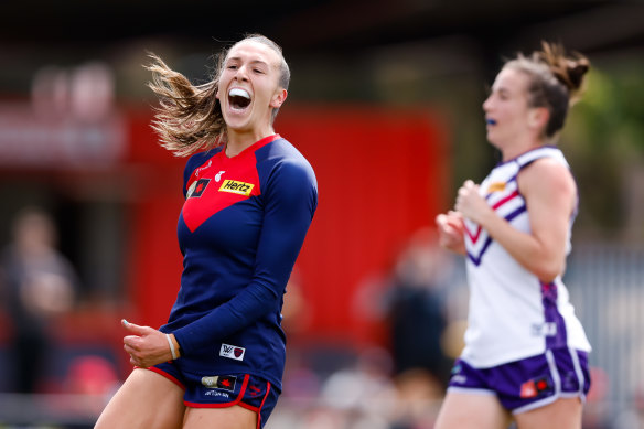 Melbourne’s Casey Sherriff reacts against the Dockers.