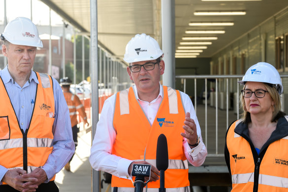 Rail Project chief executive Evan Tattersall, Premier Daniel Andrews and Transport Minister Jacinta Allan at soon-to-be North Melbourne station. 