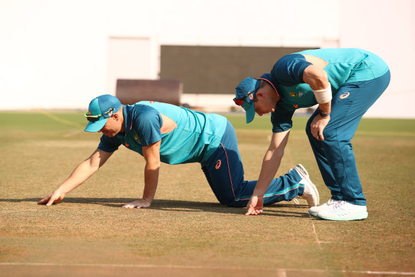 David Warner and Steve Smith checking the pitch at Nagpur.