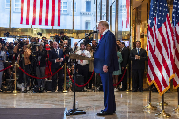 Donald Trump speaks during a news conference at Trump Tower the day after a New York jury found him guilty.