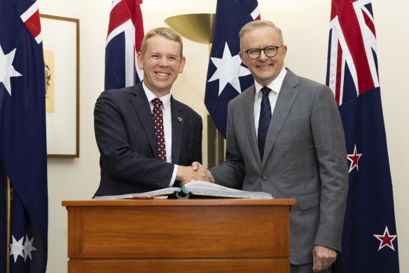New Zealand’s Chris Hipkins meets with Anthony Albanese at Parliament House in Canberra on Tuesday.