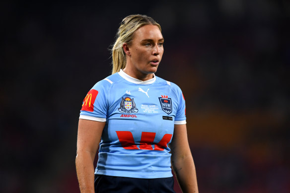 NSW Sky Blues hooker Olivia Higgins on debut in game one of the 2024 series in Brisbane.