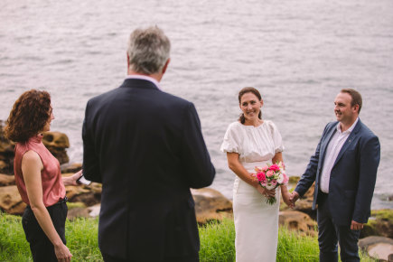 Marie-Clair Leschallas and Max Nudd were married on Saturday with only five people including them and their celebrant Melissa Soncini in attendance under new coronavirus restrictions.