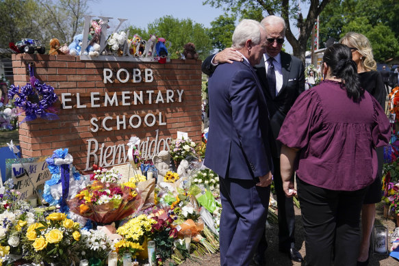 President Joe Biden and first lady Jill Biden visit Robb Elementary School to pay their respects to the victims of the mass shooting.