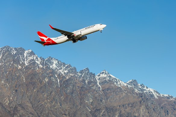 A Qantas plane departing Queenstown.