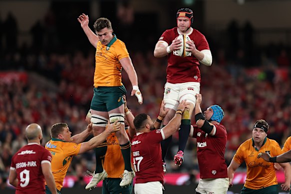 Jeremy Williams and the Lions’ James Ryan of the British & Irish Lions compete in the line out.