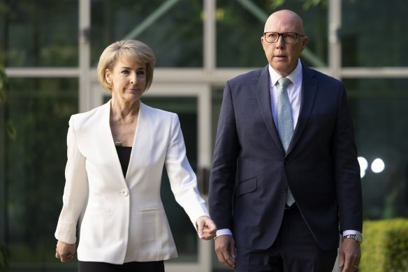 Opposition workplace relations spokesperson Michaelia Cash and Opposition Leader Peter Dutton arrive for a press conference in 2024.