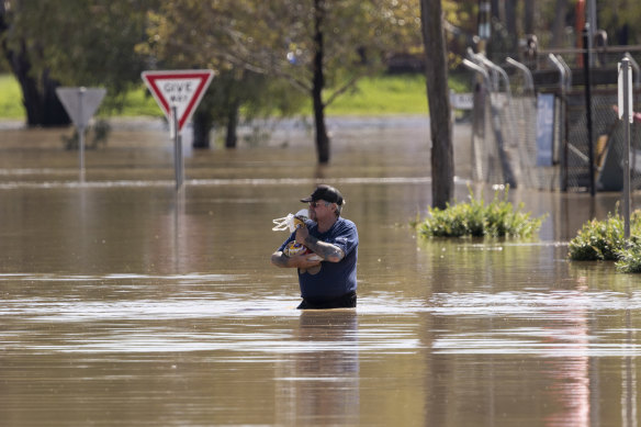 A man walks across floodwaters in Gunnedah in the state’s north-west.