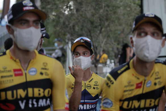 Slovenia's Primoz Roglic with teammates at the Tour de France team presentation.