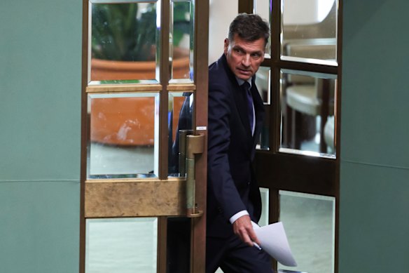 Espionage thriller … Angus Taylor enters the House of Representatives for question time on Thursday.