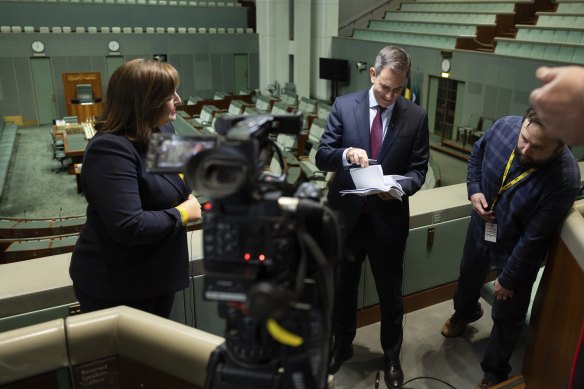 Treasurer Jim Chalmers ahead of an interview with Anna Henderson from SBS, at Parliament House on Sunday. 