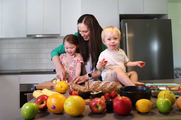 Natalie Stapleton of Dietitians Australia with her children Riley (aged 3, on the left) and Liam, 18 months. 