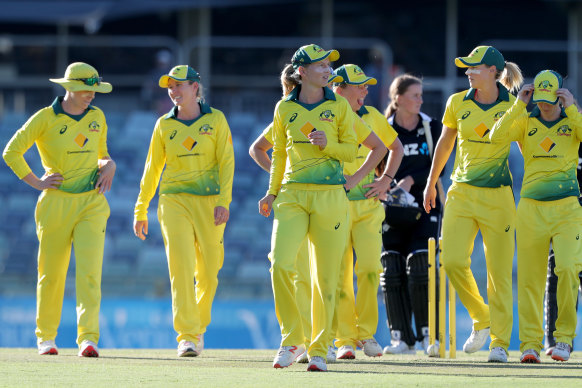 Australia leaves the field after winning the women's One Day International (ODI) against New Zealand at the WACA in February. 