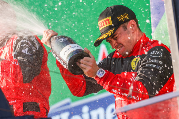 Charles Leclerc celebrates his victory in Melbourne.