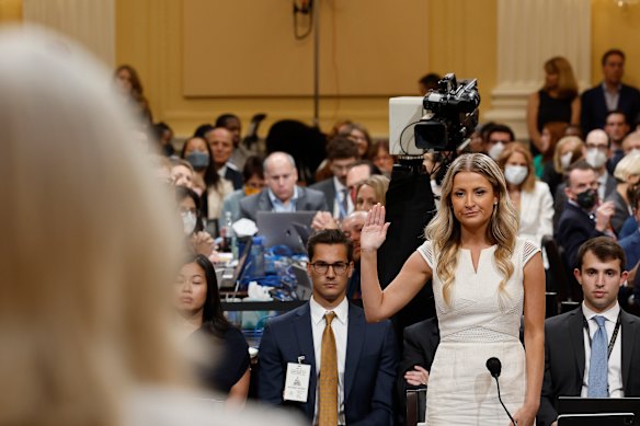 Sarah Matthews being sworn in during the hearing. 