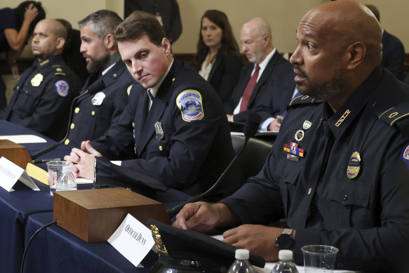 Left to right: US Capitol Police Sergeant Aquilino Gonell,  Washington Metropolitan Police Department officers Michael Fanone, and Daniel Hodges and US Capitol Police Sergeant Harry Dunn testify before the House select committee hearing on the January 6 attack.