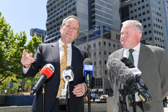 Bill Shorten, in opposition in 2019, with   Peter Gordon of Gordon Legal.