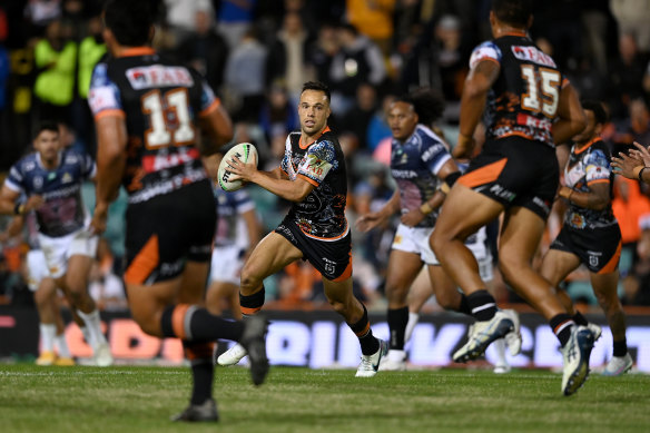 Luke Brooks was explosive in attack as the Tigers belted North Queensland 66-18 early in the 2023 season.