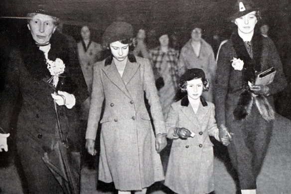 Princess Elizabeth and Princess Margaret with Lady Helen Graham and Marion Crawford after their first ride on the Underground Rail.