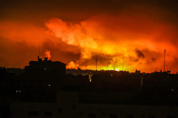 Smoke rises and billows in different regions of Gaza as the Israeli army conducts the most intense air attacks on October 27, 2023. 