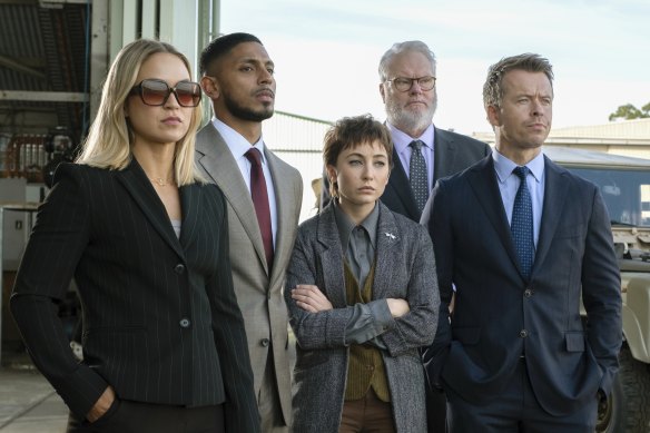 The NCIS: Sydney cast (from left) Tuuli Narkle as AFP Liaison Officer Constable Evie Cooper, Sean Sagar as Special Agent DeShawn Jackson, Mavournee Hazel as forensic pathologist Bluebird Gleeson, William McInnes as forensic pathologist Dr Roy Penrose and Todd Lasance as AFP Liaison Officer Sergeant J.D. Dempsey.    
