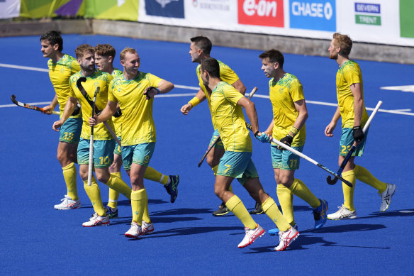 Australia celebrates a goal.