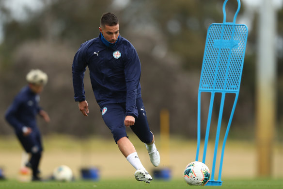 Jamie Maclaren at training in Melbourne earlier this month before the competition moved to Sydney.