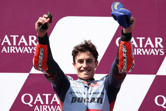 Marc Marquez atop the podium at Phillip Island on Sunday.