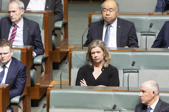 Member for Bass Bridget Archer listening as former prime minister Scott Morrison speaks.