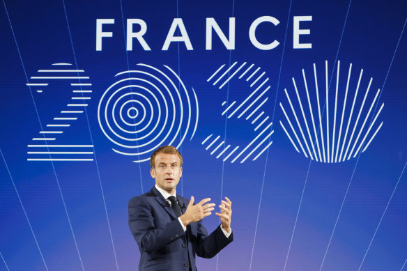 French President Emmanuel Macron speaks during the presentation of “France 2030” investment plan at the Elysee Palace.