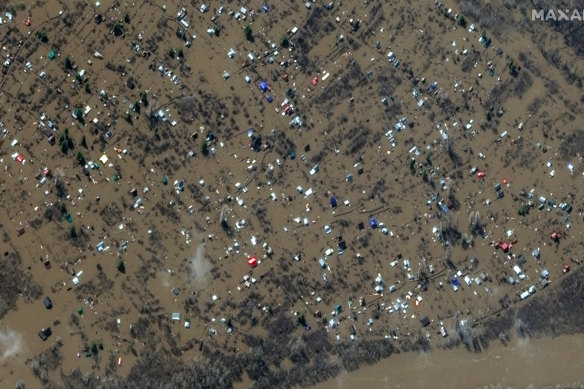 Flooded areas in Orenburg, Russia, on Thursday.