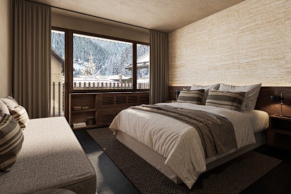Design render of a standard room at Casa Cook Madonna, Trentino, Italy.