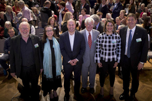 Josh Frydenberg with other Kooyong candidates including Julian Burnside (red tie) and Oliver Yates (right) at the Kooyong candidates forum in 2019. 