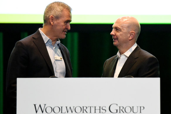 Woolworths chief executive Brad Banducci and chairman Gordon Cairns fronted a grilling on underpayments at Monday's AGM.