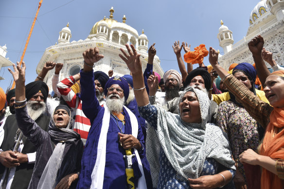 Supporters of Waris Punjab De shout slogans favouring their chief and separatist leader Amritpal Singh and other arrested activists in Amritsar, India, last month.