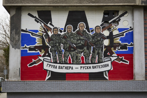 A mural in Serbia reads: “Wagner Group, Russian knights”.