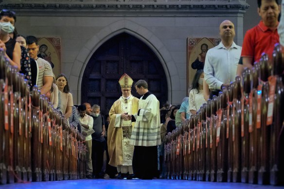 Archbishop of Melbourne, Peter Comensoli, arrives at St Patrick’s Cathedral for last year’s Easter Sunday Mass.