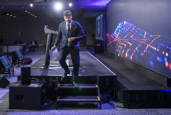 Going down: Angus Taylor, Energy and Emissions Reduction Minister, after speaking at the AFR's climate and energy conference in Sydney on Monday.